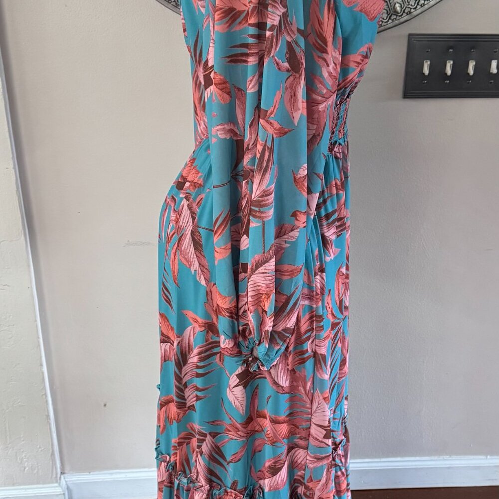 Bohme Maxi Tropical Aqua Print Knit Tiered Dress M - Picture 3 of 13